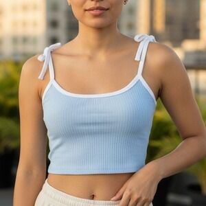 Blue Ribbed Tie Strap Tank Top Sleeveless Crop Top Casual Cute